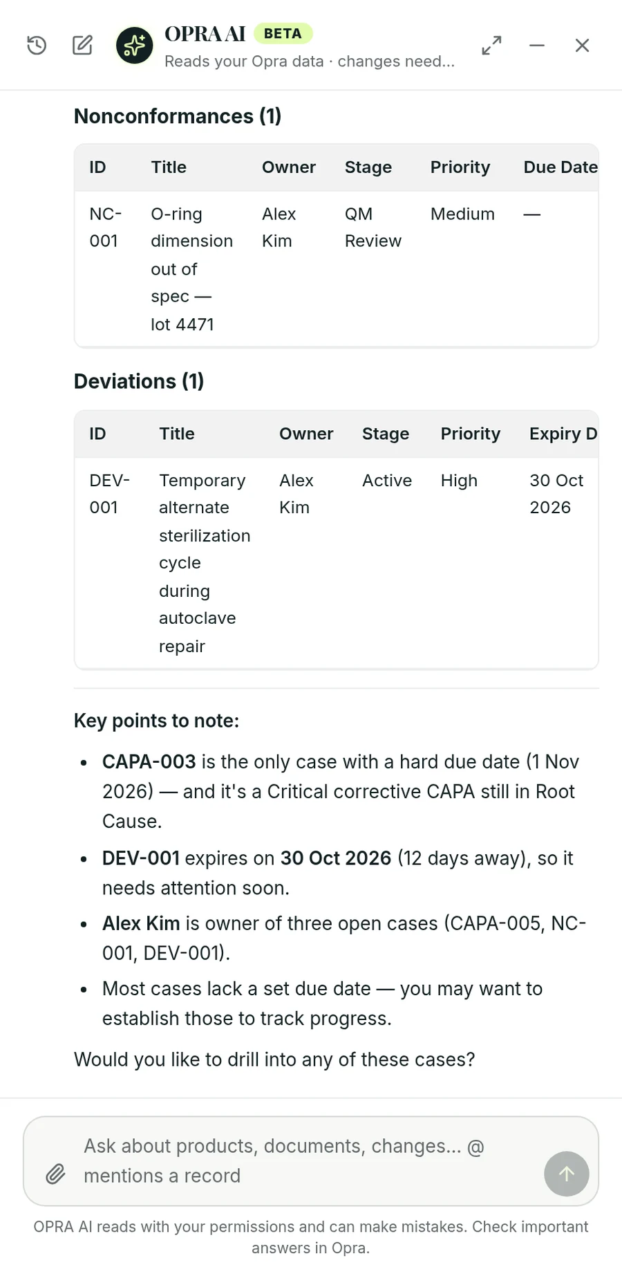 OPRA AI answering with every open nonconformance and deviation, its owner, stage and due date, and the points to act on