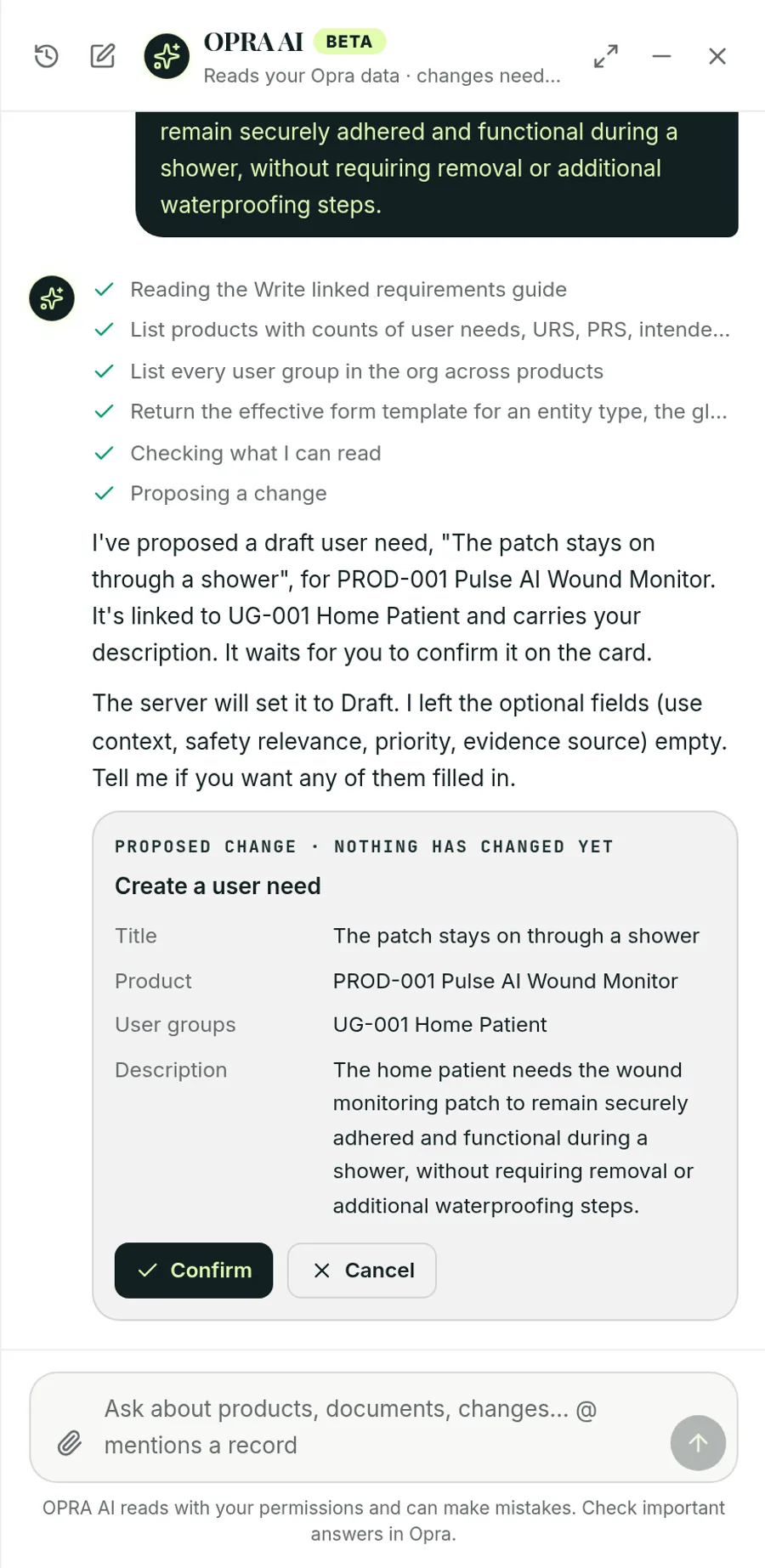 OPRA AI proposing a new user need as a change card marked nothing has changed yet, with Confirm and Cancel